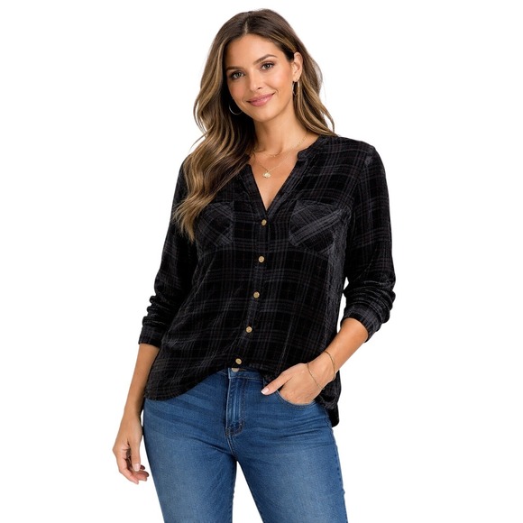 Democracy Tops - NWT Democracy Black Velvet Houndstooth Burnout Sheer‎ Button Up Shirt M Goth